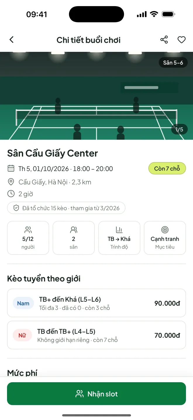 Trang kèo trên AloKèo: Sân Cầu Giấy Center, còn 7 chỗ, nút Nhận slot